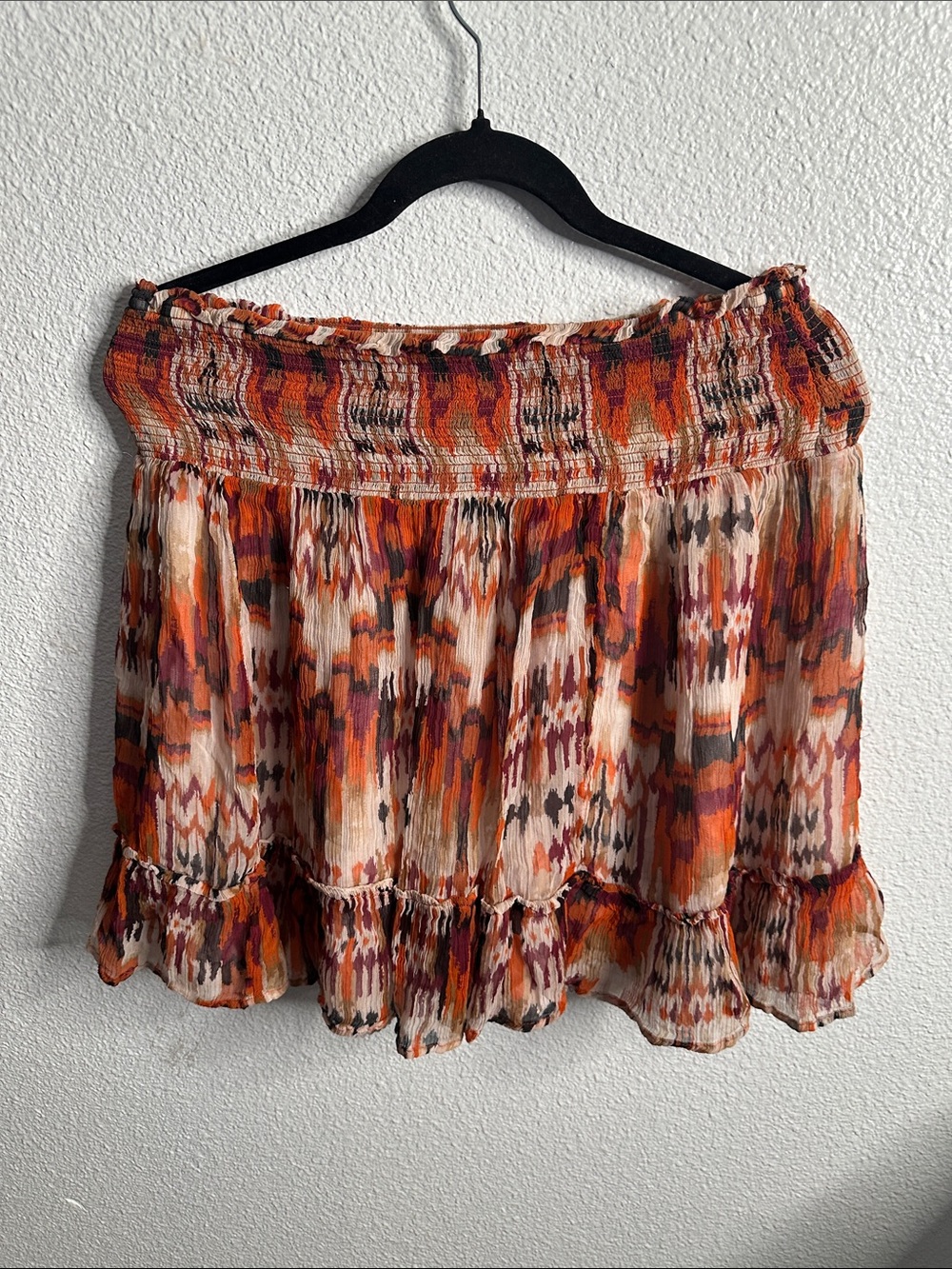 Anthropology mini printed skirt smocked raffle orange cream size L